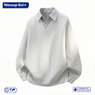 上衣服男 领卫衣男春秋潮牌宽松休闲长袖 WASSUP KOI联名假两件衬衫