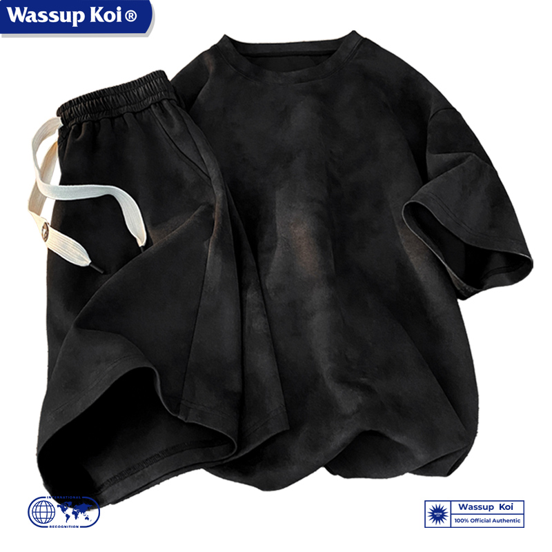 WASSUP KOI联名巴黎复古扎染脏脏运动短裤T恤男宽松休闲两件套装