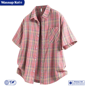 WASSUP KOI联名格子衬衫男款夏季学院风短袖衬衣潮牌宽松翻领外套