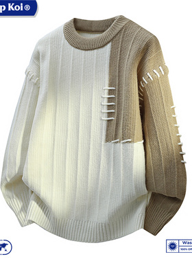 Wassup Koi联名复古拼接撞色上衣圆领套头毛衣男款休闲宽松针织衫