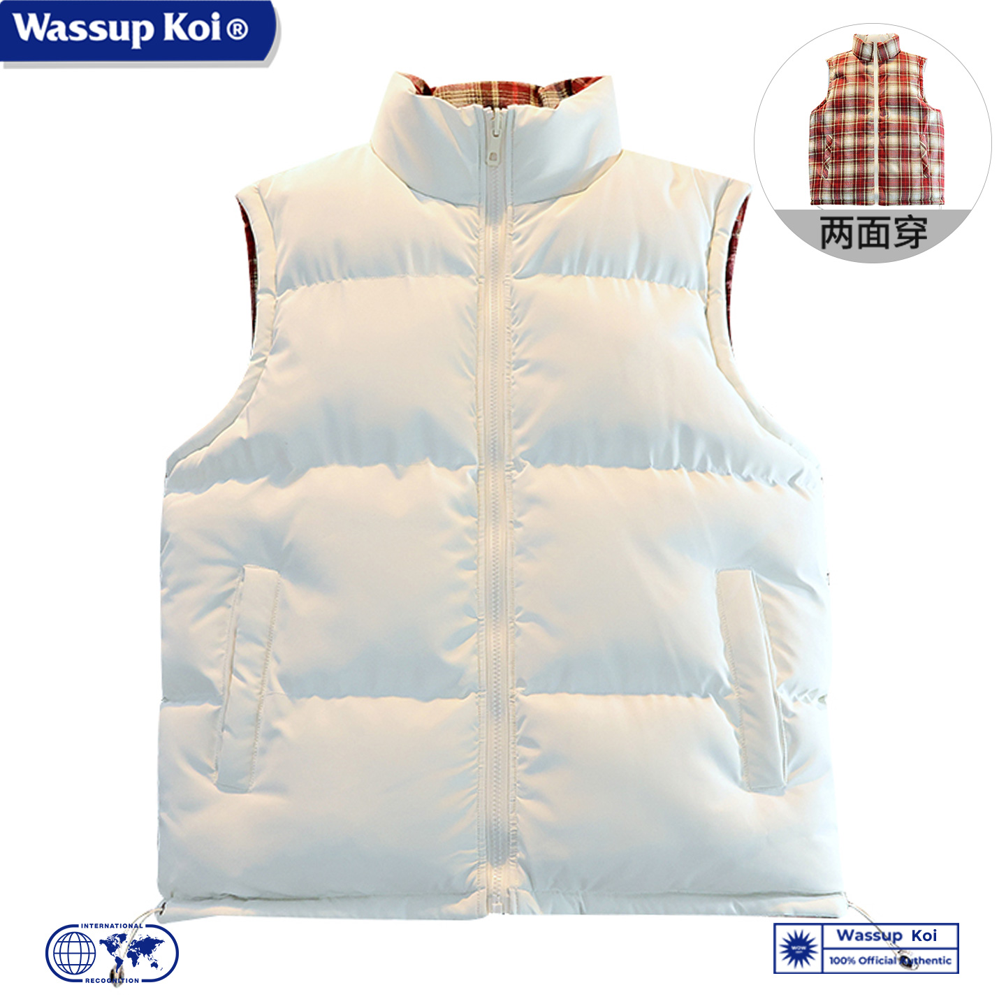WASSUP KOI联名潮牌两面穿格子休闲立领羽绒棉马甲男冬季加厚外套