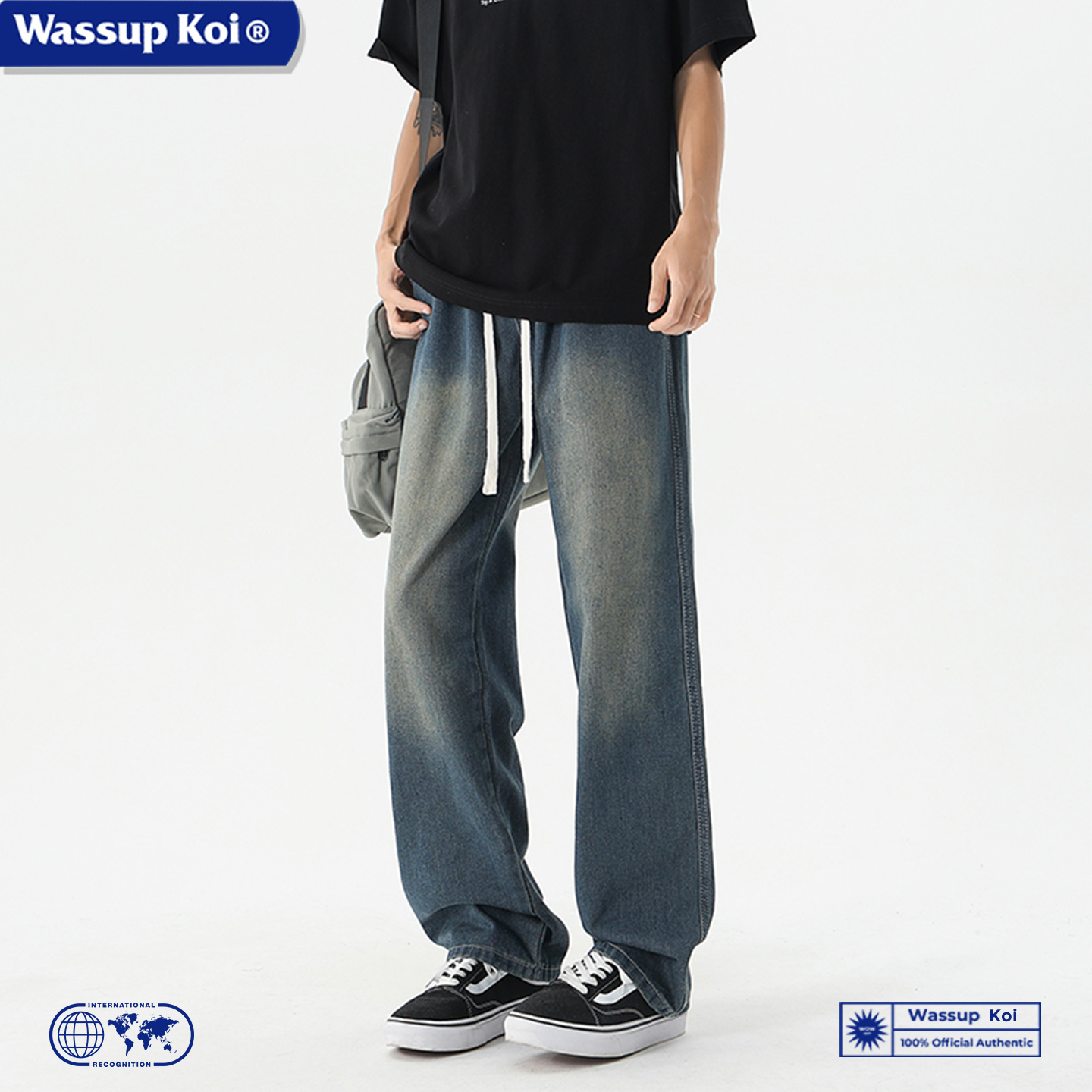 WASSUP KOI联名秋季牛仔裤潮牌宽松休闲直筒裤潮流百搭松紧腰长裤