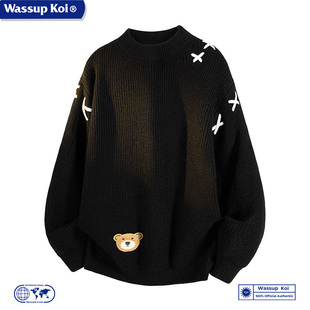 WASSUP KOI联名美式复古圆领毛衣男黑色小熊刺绣宽松针织衫潮上衣