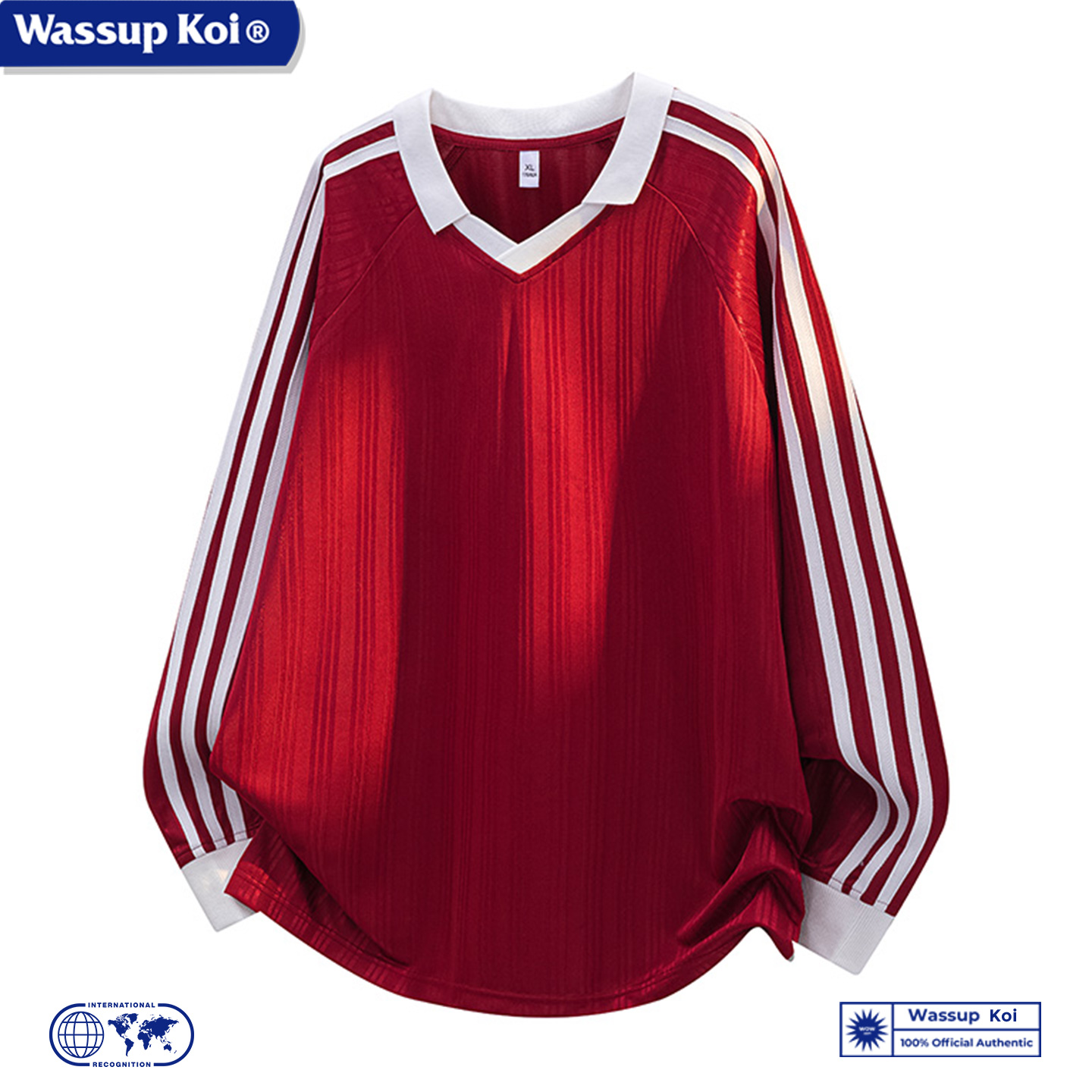 WASSUP KOI联名中国红三条杠美式休闲运动长袖T恤男卫衣内搭上衣