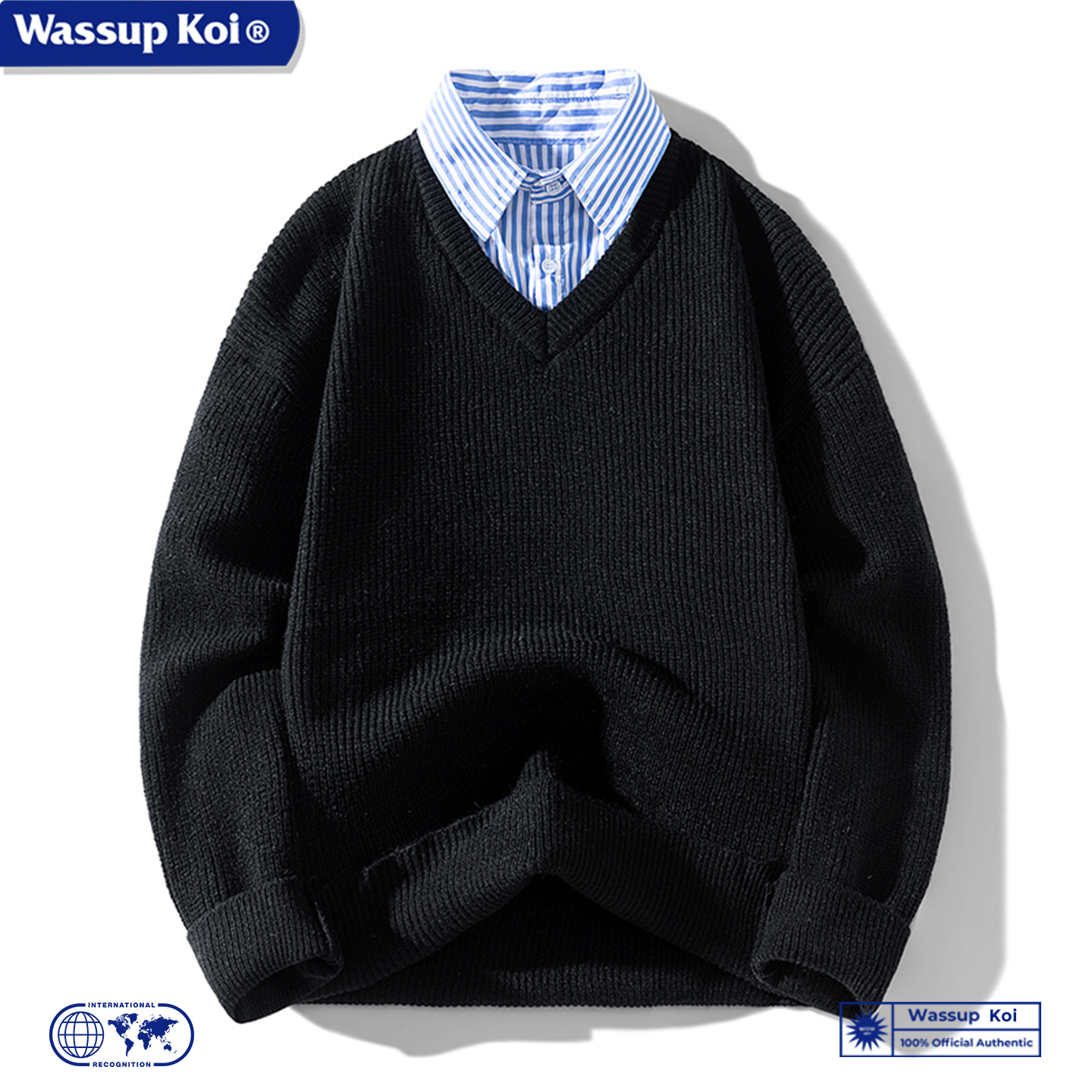 WASSUP KOI联名假两件毛衣男女秋冬季针织衫外套学院风翻领上衣服