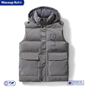 WASSUP KOI联名马甲男秋冬季加厚保暖连帽棉外套休闲运动工装背心