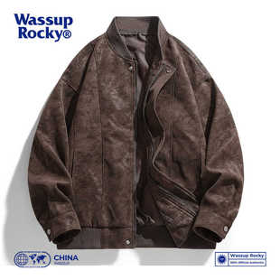 春秋潮牌宽松飞行员皮衣夹克男 水洗PU皮外套男款 WASSUP ROCKY美式