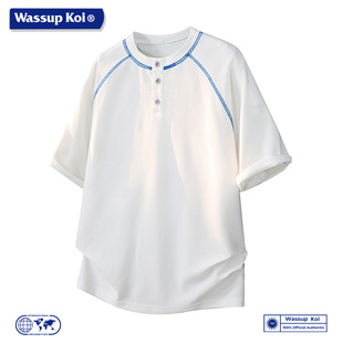 WASSUP KOI联名美式潮牌亨利领撞色明线短袖T恤男宽松休闲上衣服