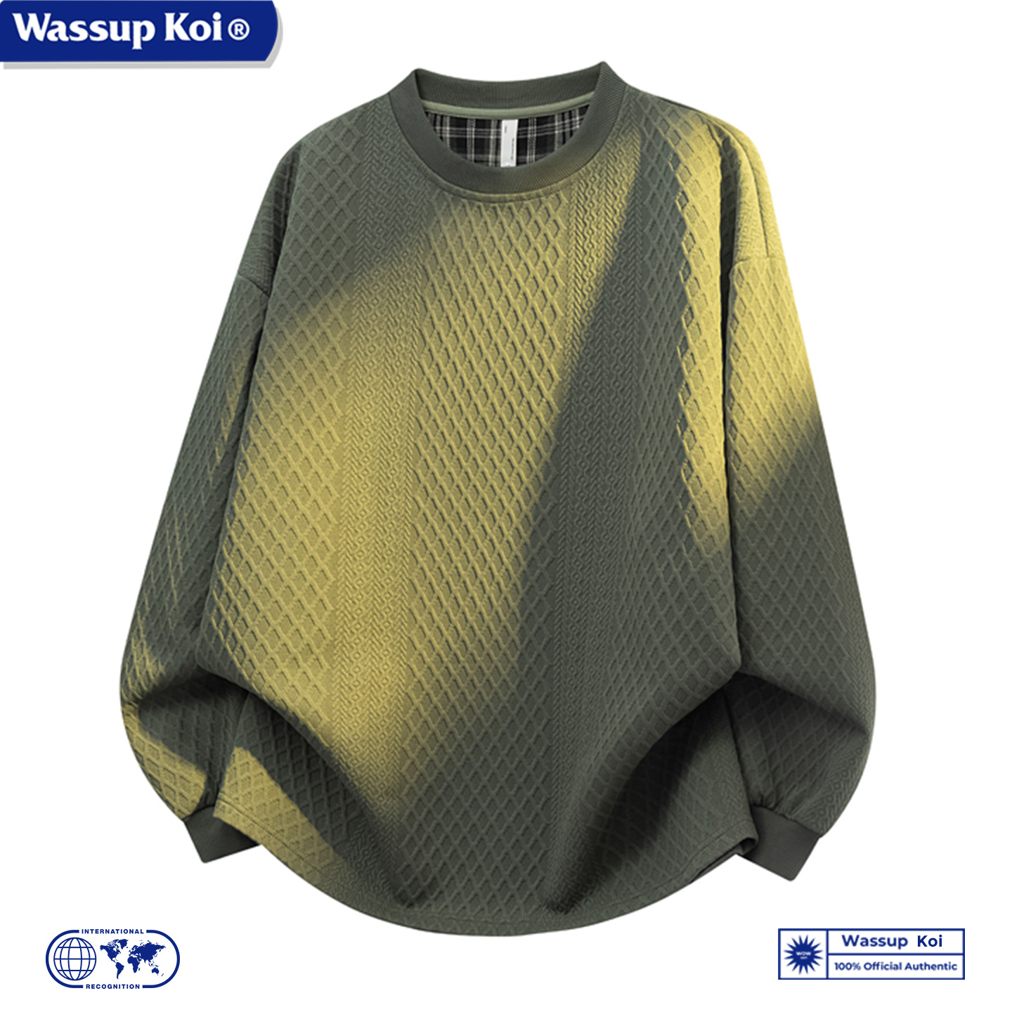 WASSUP KOI联名美式菱形格圆领卫衣男春秋季潮牌宽松休闲套头上衣