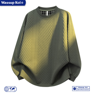 WASSUP KOI联名美式菱形格圆领卫衣男春秋季潮牌宽松休闲套头上衣