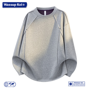 WASSUP KOI联名解构拼接圆领卫衣男士休闲宽松百搭长袖上衣服男款
