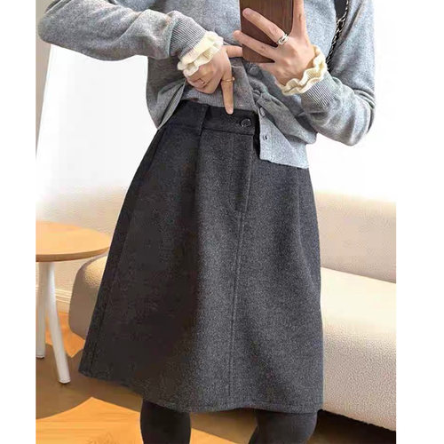 灰色花苞中裙毛呢半身裙女大码