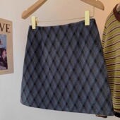 蓝灰色格子毛呢半身裙女2025秋冬款 高腰显瘦A字包臀短裙大码 外穿