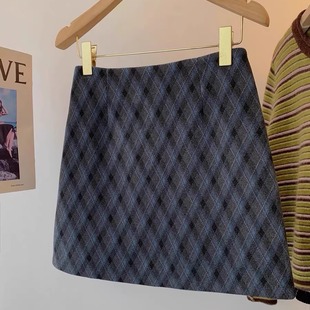 蓝灰色格子毛呢半身裙女2025秋冬款 外穿 高腰显瘦A字包臀短裙大码