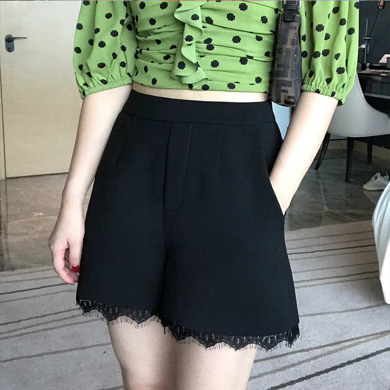 黑色蕾丝拼接短裤女2026春夏季大码高腰显瘦休闲裤阔腿花边A字裤