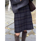 高个子及膝裙秋冬显瘦遮肚格纹毛呢半裙胖mm梨型身材a字短裙中裙
