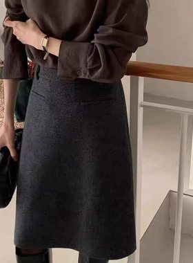 极简风毛呢半身裙女大码高腰显瘦