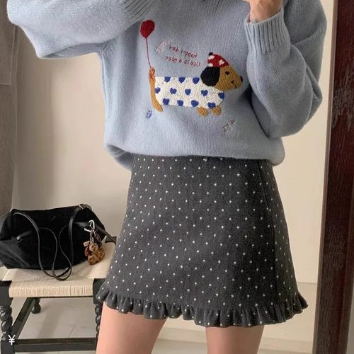 毛呢波点压褶木耳边半身裙