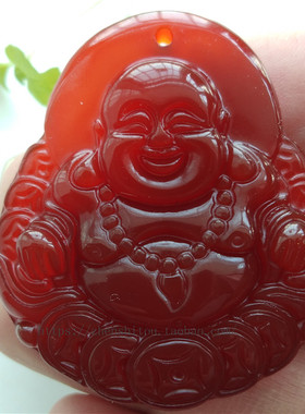 天然大肚笑面红玛瑙钱串佛吊坠