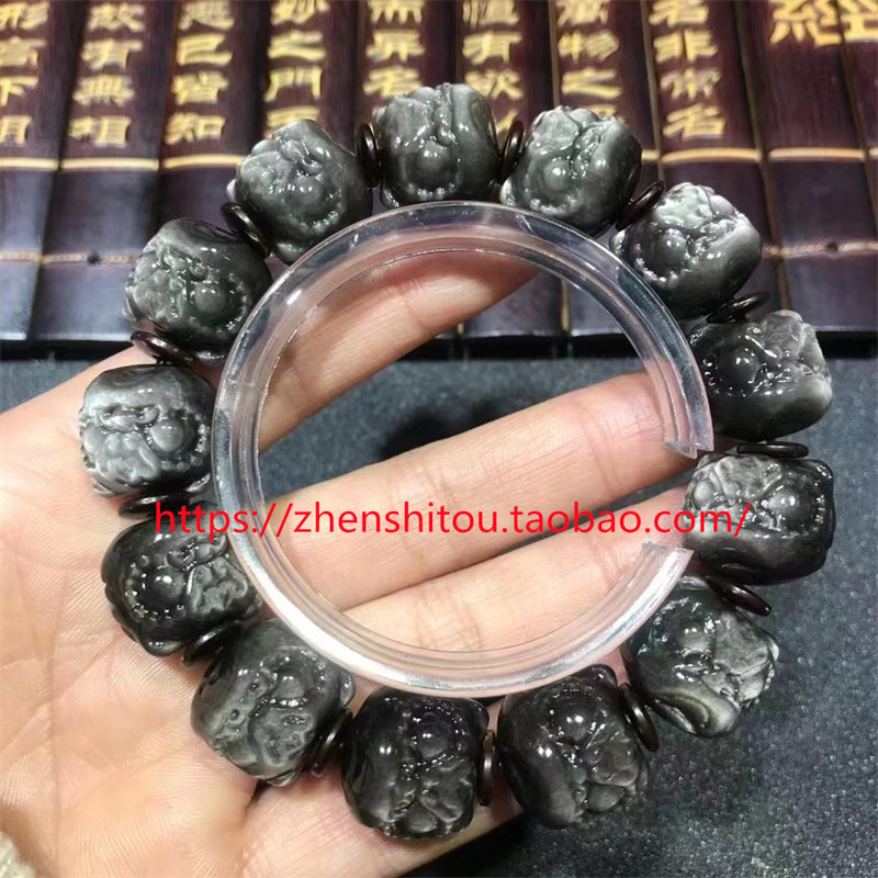 珍品天然黑银曜石狮子头手链送父亲老公男朋友水晶立体兽王手串16