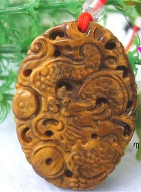 天然黄虎眼石龙牌生肖吊坠