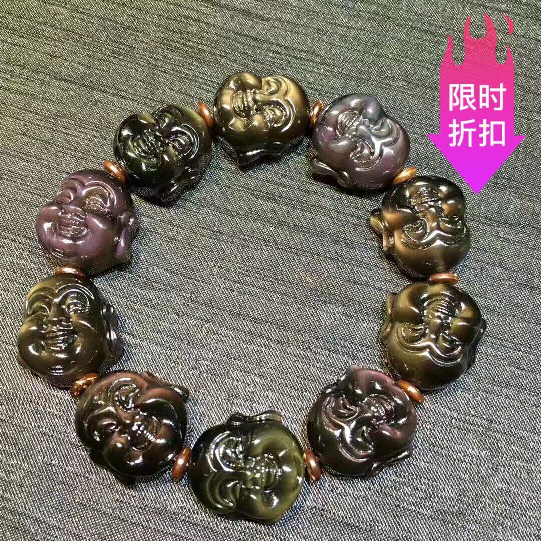 天然冰种彩眼黑曜石佛头手链水晶笑面佛祖头像手串送家人平安贴身