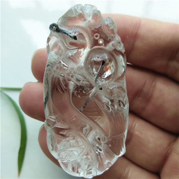 天然俏色黑发晶仙鹤吊坠粗壮发丝水晶松鹤延年高风亮节吉祥鸟挂坠