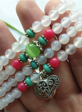 白玉髓多圈猫眼石银饰靓丽风手链