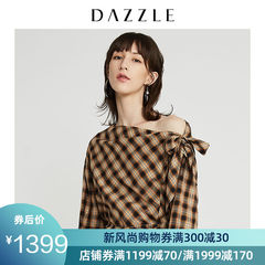 DAZZLE地素 2019秋装新款时尚新潮一字肩格纹衬衫女2G3D5113M