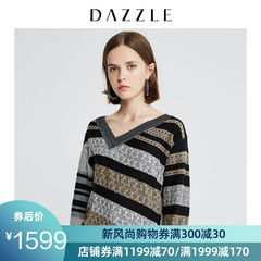 DAZZLE地素 2019秋装新款针织图案不规则底摆V领毛衣女2G3E4451L