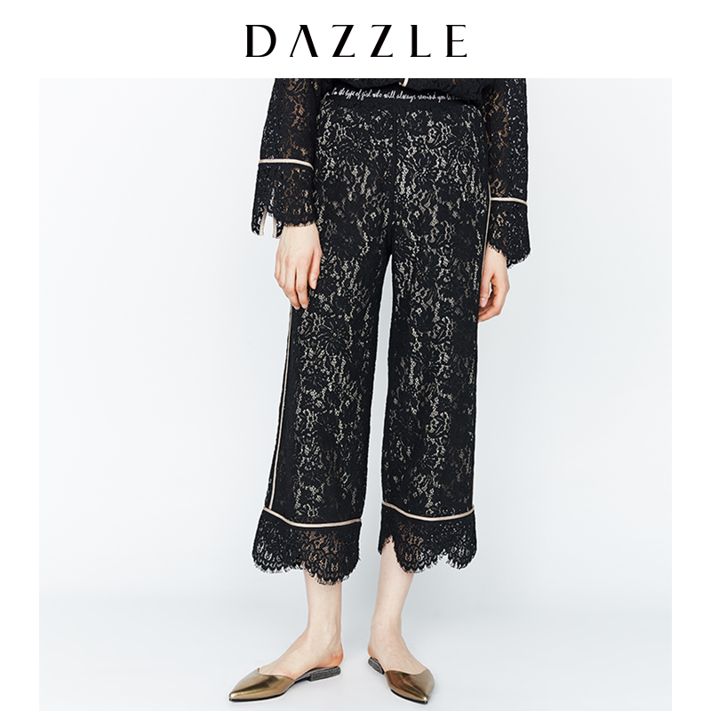 DAZZLE地素 18專柜新款 拼色蕾絲字母闊腿長褲2F1Q4337A
