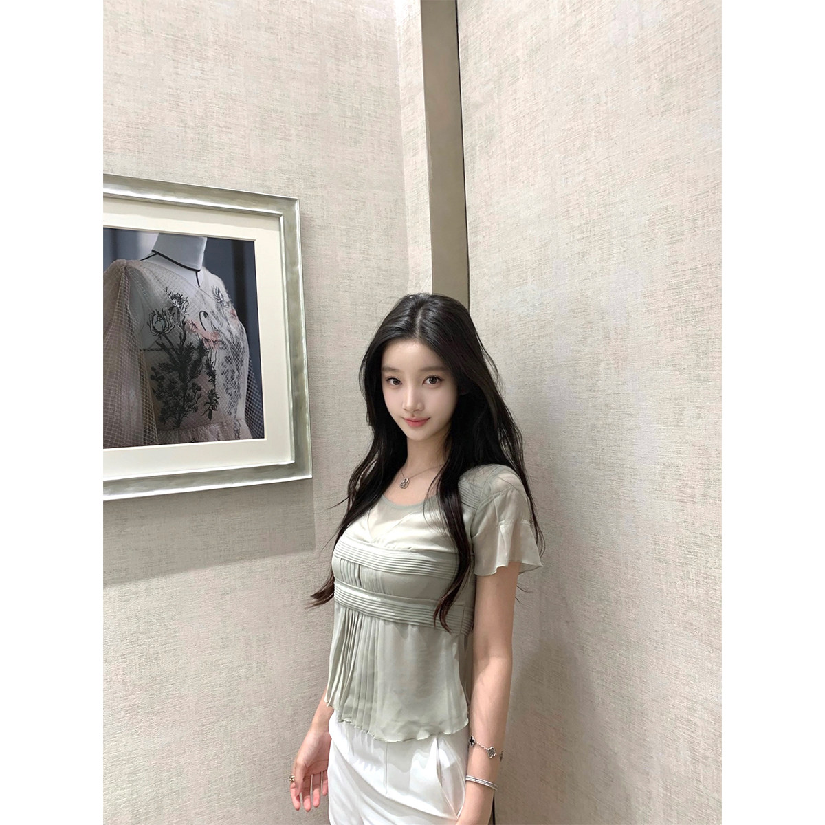 DUCHUNZI压褶重工短袖雪纺上衣