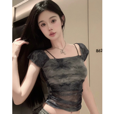 短袖通勤水墨画印花网纱扎染