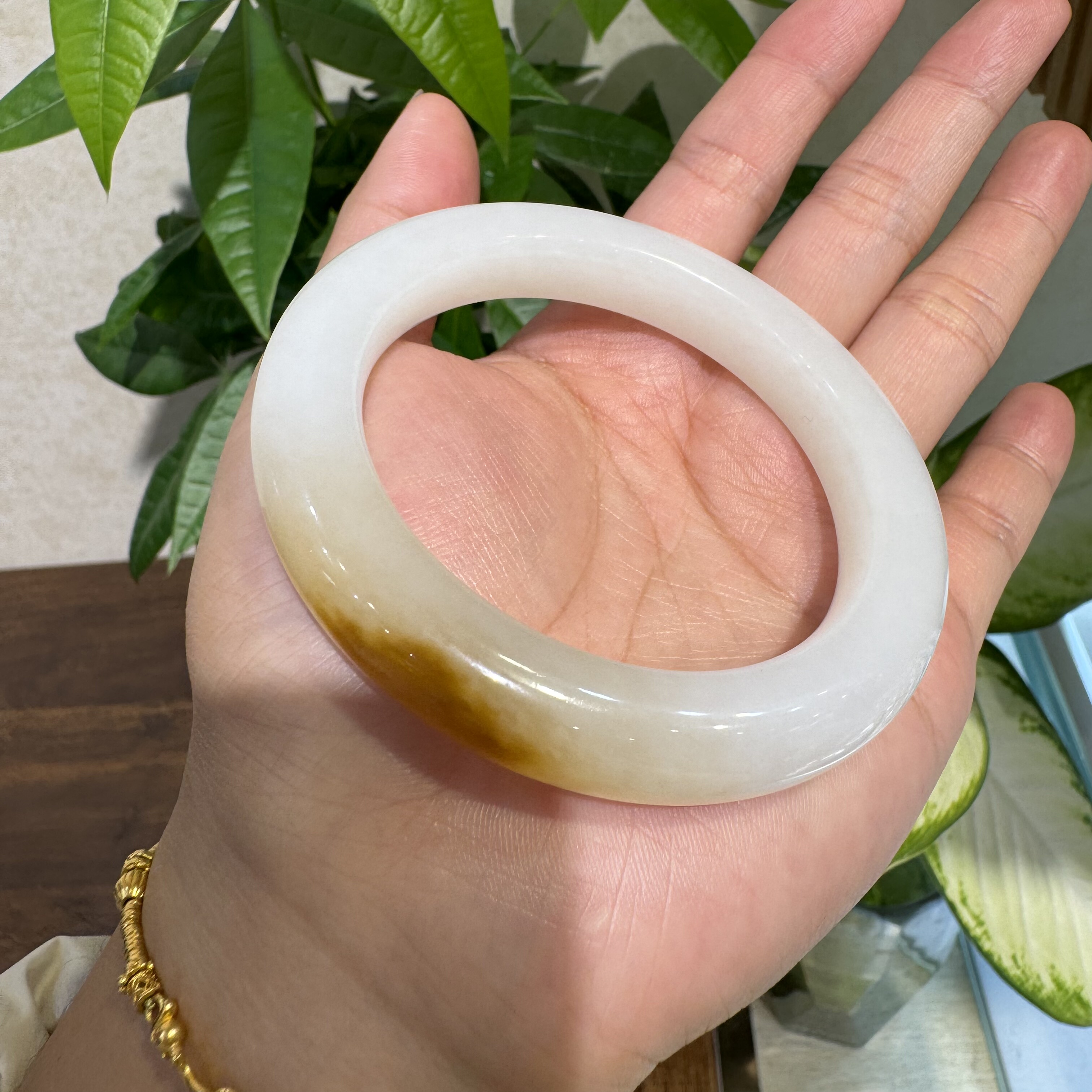 新疆和田玉且末糖白手镯一口糖半圆泥鳅背宽12厚11带证书