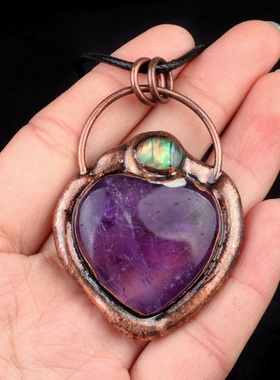 【茜茜珠饰】虎眼石复古红牛铜爱心吊坠天然紫水晶鲍鱼贝 七色