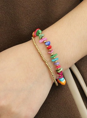 【茜茜珠饰】天然水晶玛瑙彩色贝壳碎石手链彩色不规则手串 14色