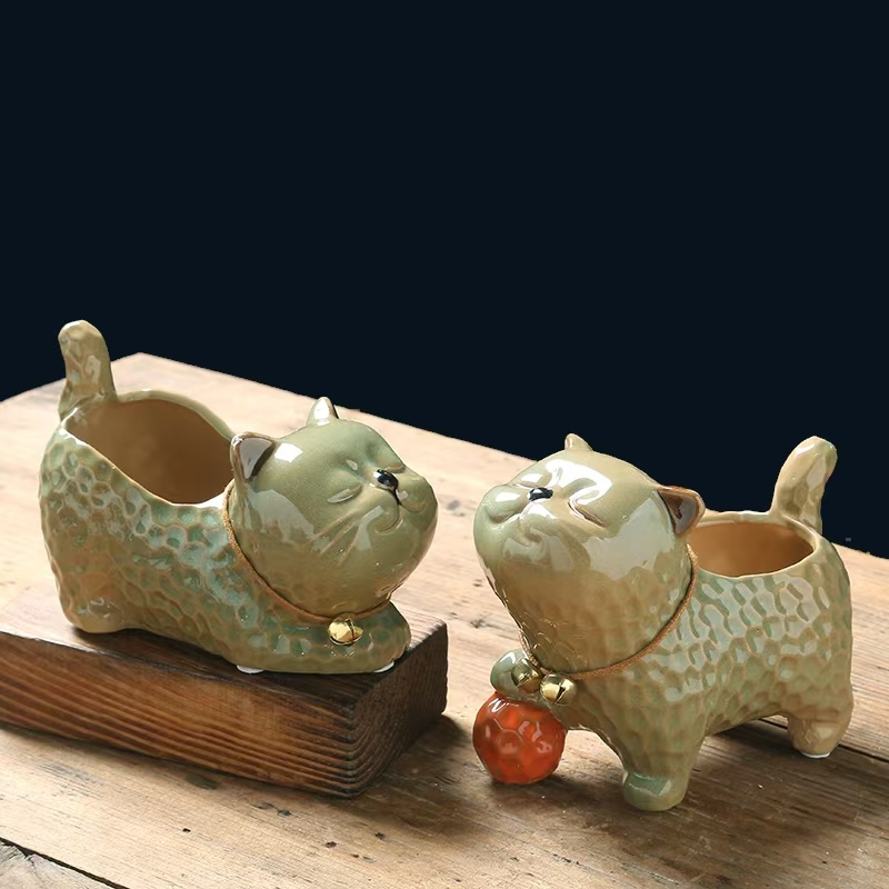 创意卡通动物猫咪多肉花盆陶瓷组合个性花盆工艺品摆件批发捡漏款