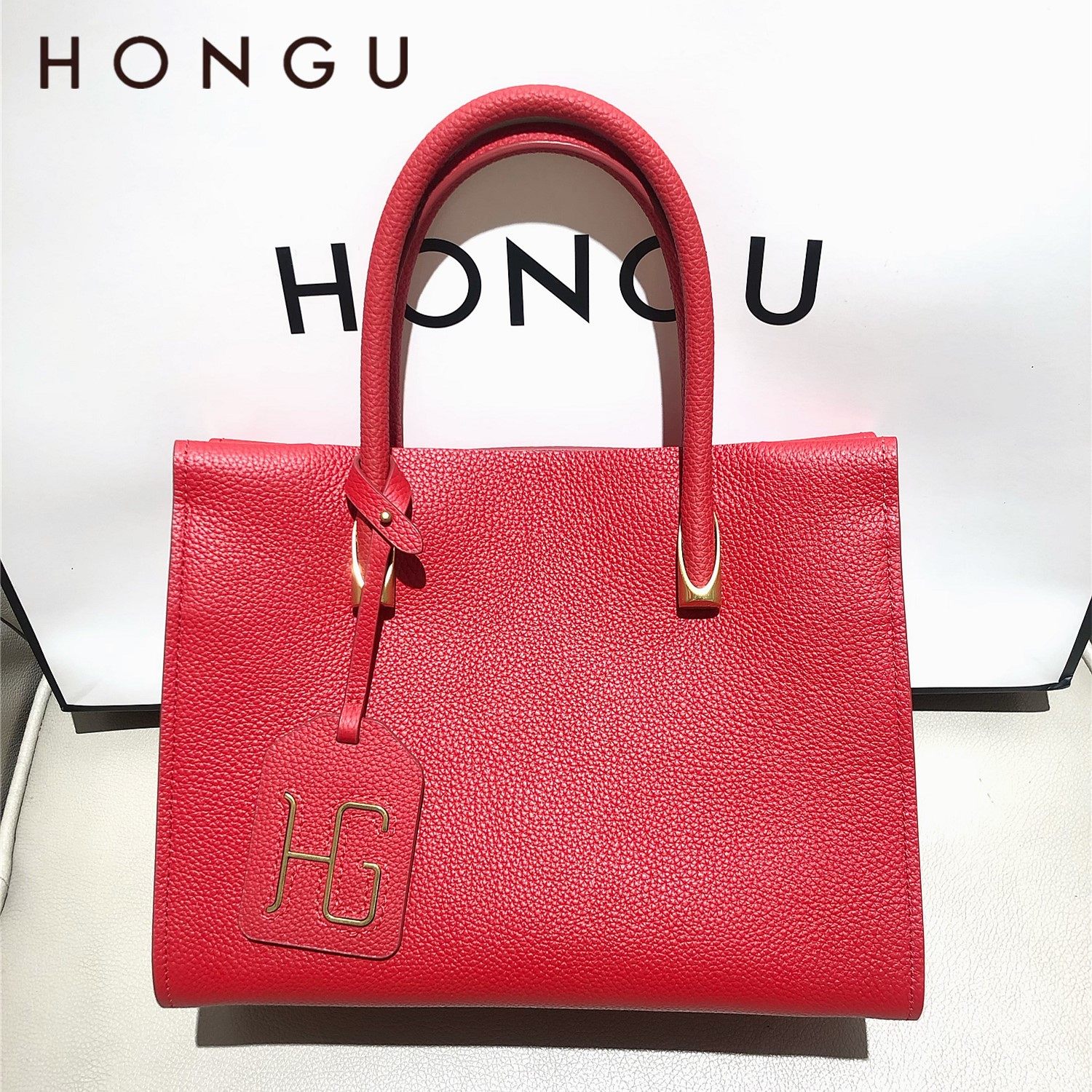 HONGU红谷女包真皮手提包红色托特包单肩斜挎包通勤包2025新款