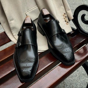 Swiscardin欧式男士商务高端皮鞋真皮透气纯手工制作雕花孟克鞋