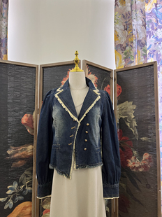 北纬8度复古系宫廷风薄牛仔外套女春秋法式短款上衣设计感斜扣