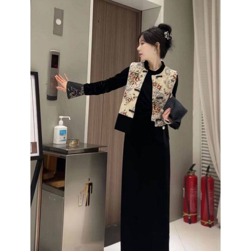 2024春秋新款中式国风套装女盘扣马甲外套+连衣裙时尚休闲两件套
