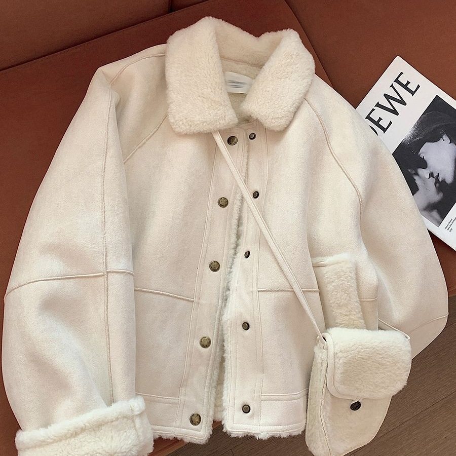 米白色羊羔毛外套女冬季短款韩系方领减龄宽松小个子休闲夹克上衣