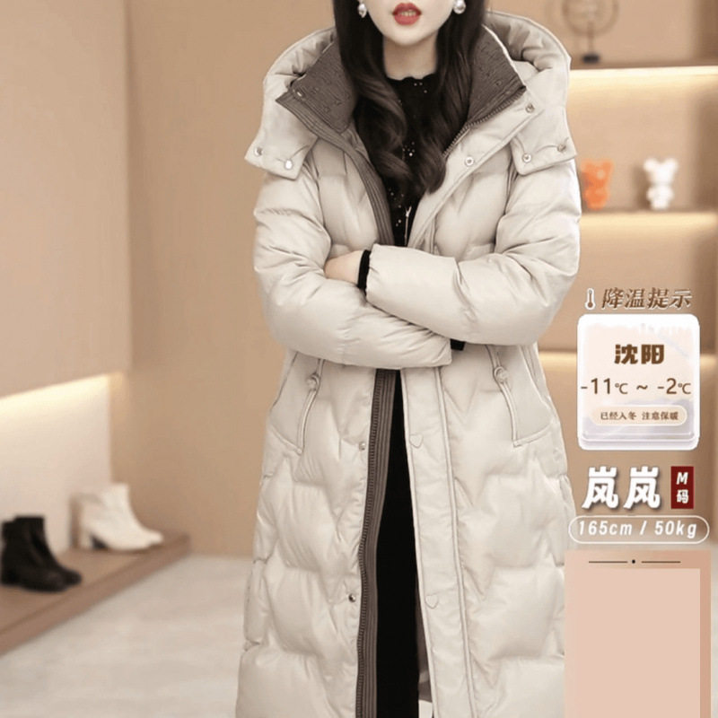 加厚白鸭绒女中长款连帽羽绒服