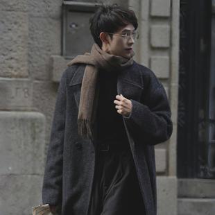 Eli 蟹钳翻领简约格雷系灰羊毛骆驼绒双面尼大衣外套 米兰之夜