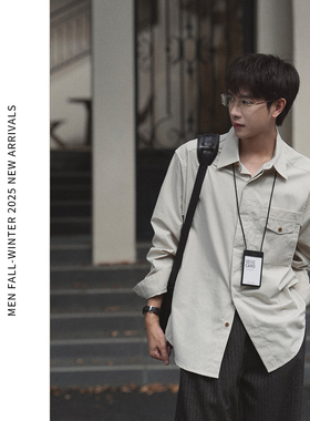 ELI【报刊】亲肤磨毛感纯棉休闲米白条纹长袖衬衣休闲衬衫秋冬