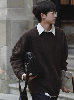 Eli【潘娜托尼】保暖绵羊毛慵懒美拉德软糯厚实麻花针织圆领毛衣