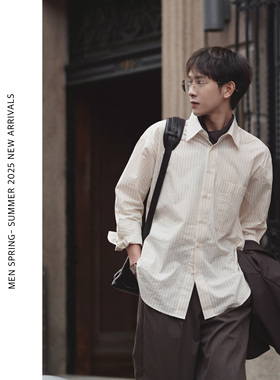 ELI【南杏】松弛感工字褶开衩衬衫纯棉贝母扣杏条纹老钱长袖衬衣