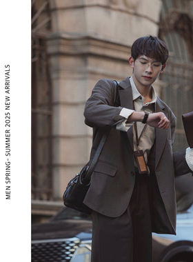 ELI【杜松】真丝羊毛混纺平驳领釉面牛角扣休闲西服外套男春秋