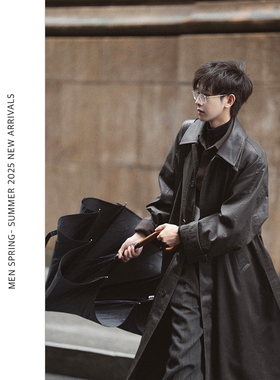 ELI【钢琴师】双领水洗PU皮做旧长款复古通勤单排扣风衣外套秋冬