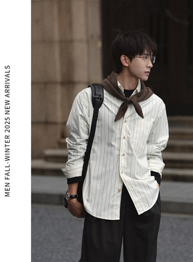ELI【墨尔本假日】复古高密度秋冬磨毛抗皱条纹长袖衬衫休闲衬衣